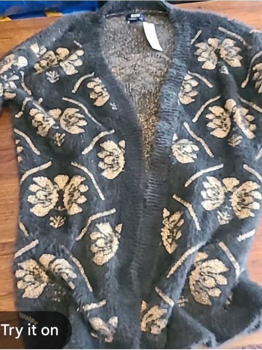 Maeve Black Fuzzy Cardigan with Gold Floral Motif - Picture 3 of 4